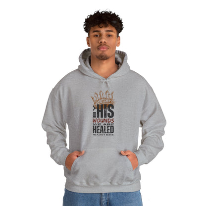 Gray Christian hooded sweatshirt featuring a powerful healing quote from Isaiah 53:5