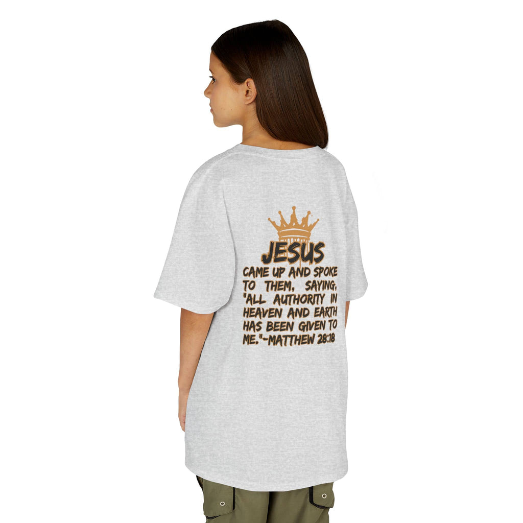 Christian junior kids t-shirt with Bible verse Matthew 28 18 and crown graphic on back in gray