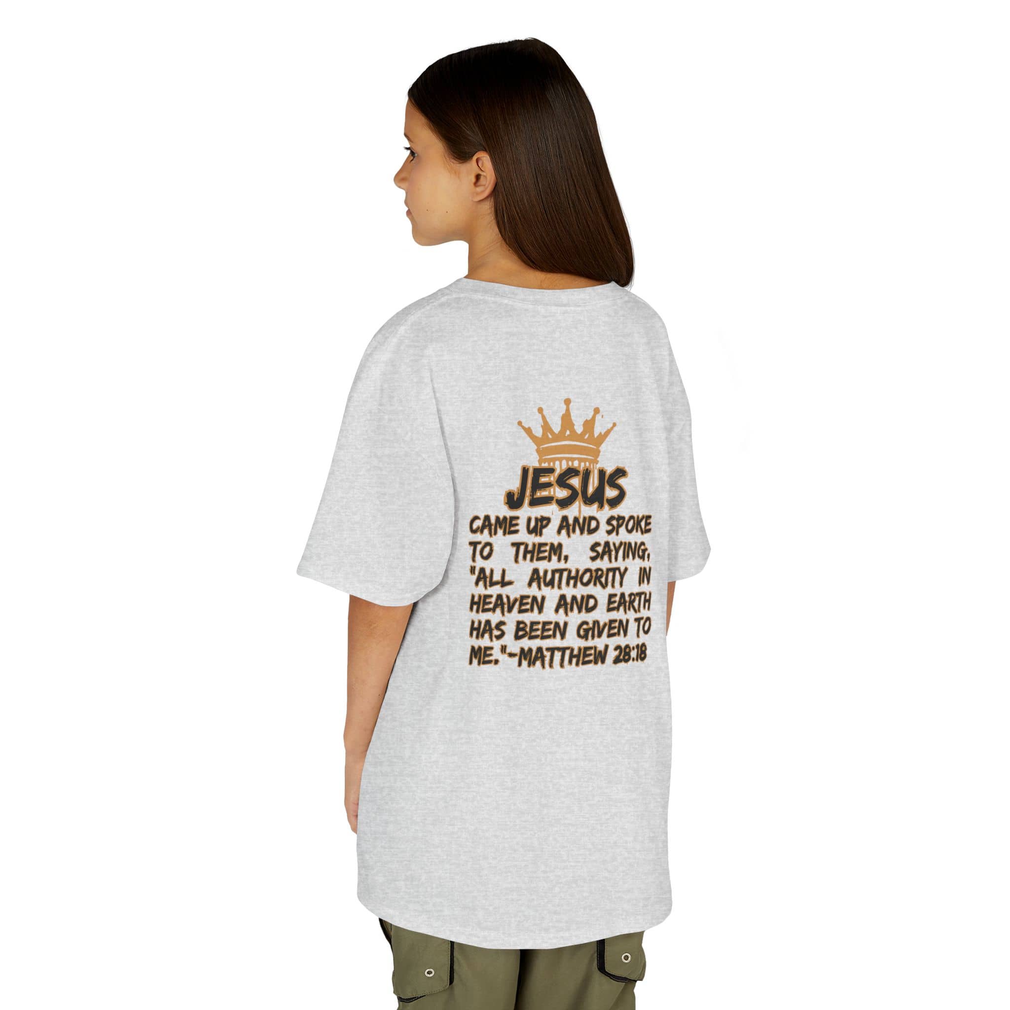 Christian junior kids t-shirt with Bible verse Matthew 28 18 and crown graphic on back in gray