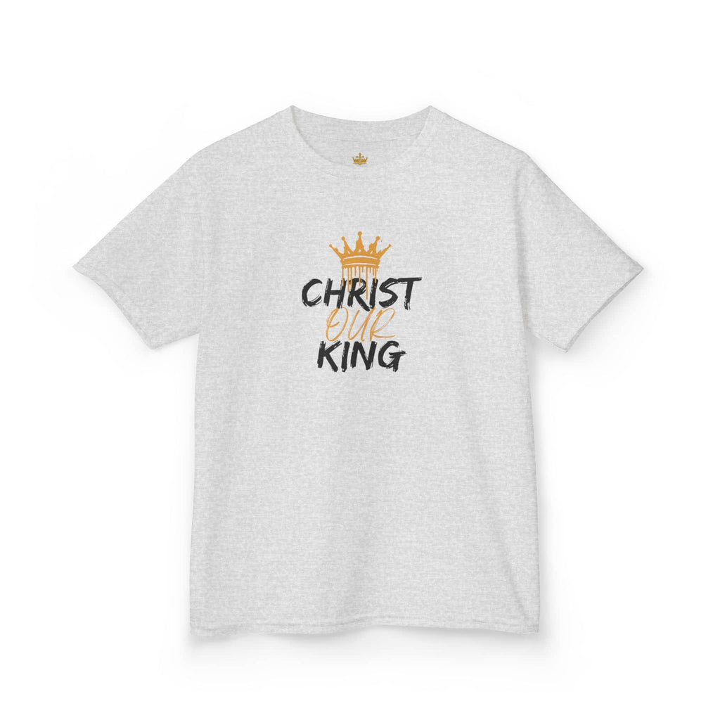 Logos Co. Christian junior kids t-shirt in light gray with Christ Our King text and gold crown graphic