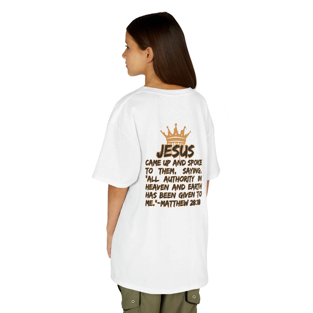Christian junior kids t-shirt white with gold crown and Bible verse Matthew 28:18 print on back