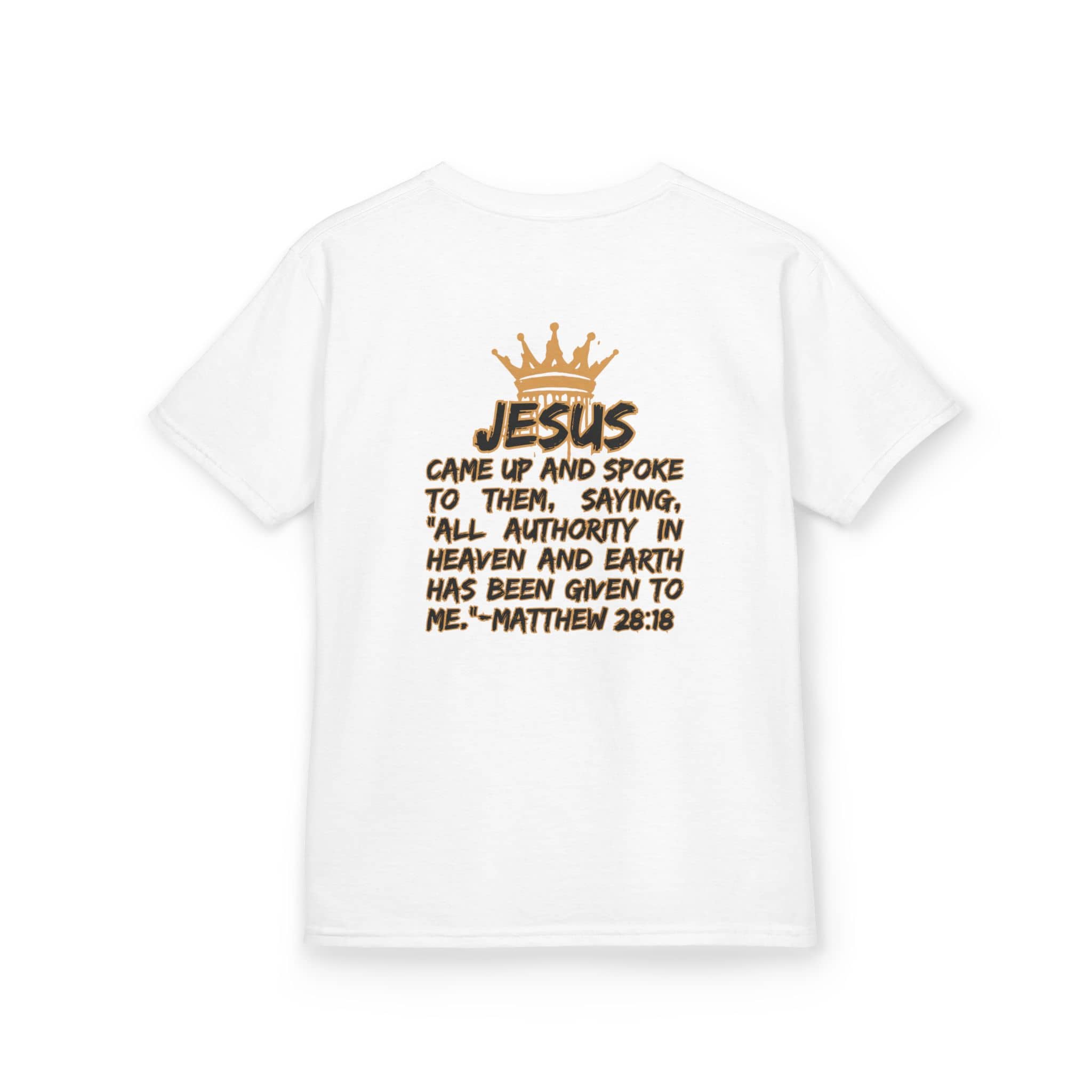 White Christian junior kids t-shirt with gold crown and Bible verse Matthew 28:18 printed on the back