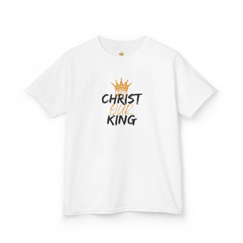 White Christian junior kids t-shirt with gold crown and Christ Our King text design