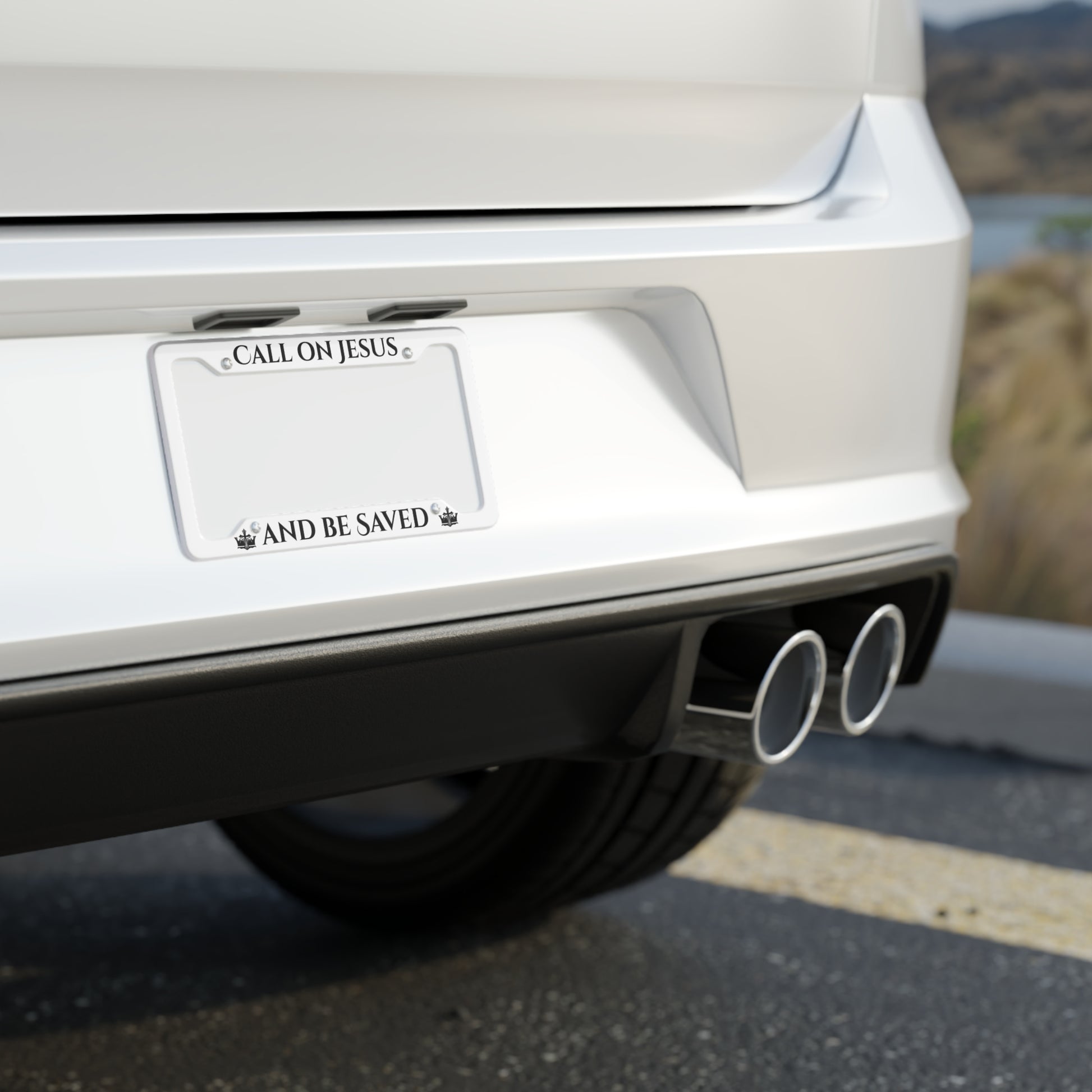Christian license plate frame with a motivational message mounted on a car rear bumper