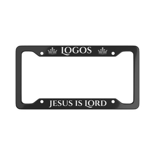 Christian license plate frame featuring 'Jesus is Lord' in bold white letters on a black background