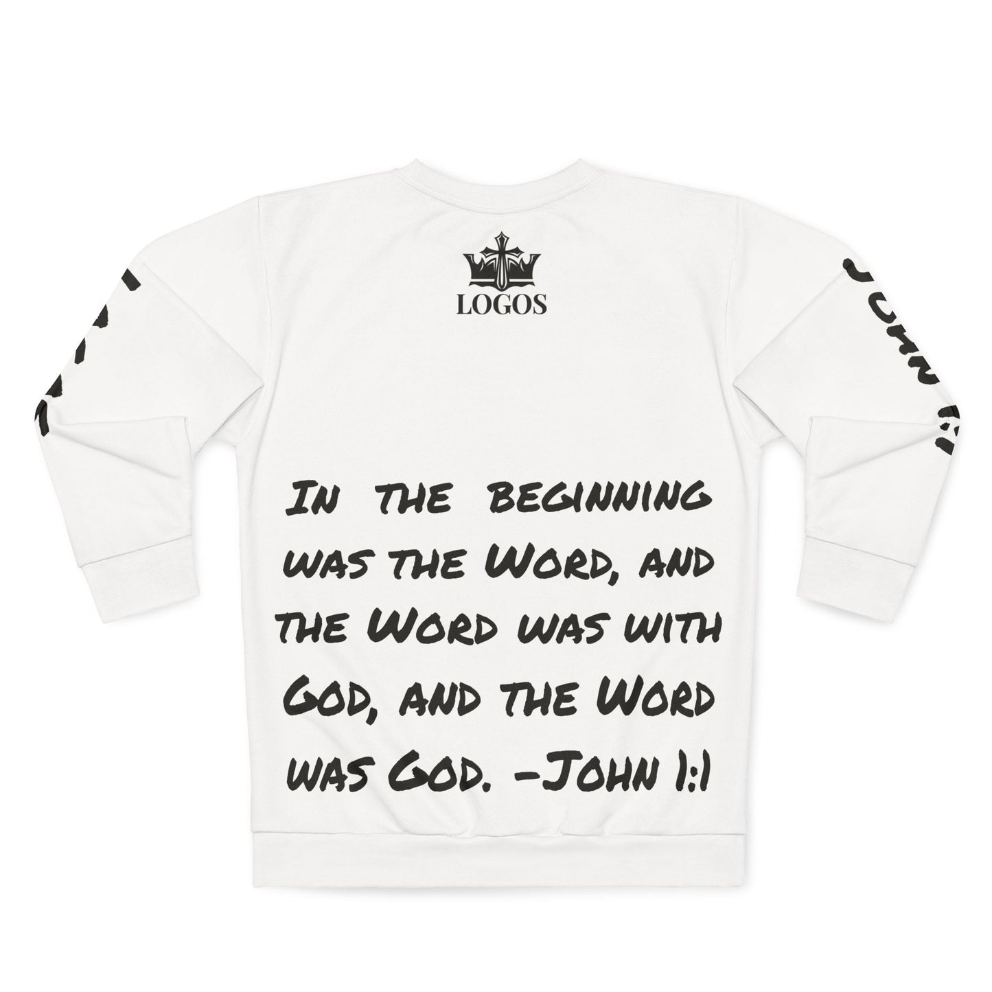 White Christian men's sweatshirt - John 1:1 featuring a bold scripture print on the back