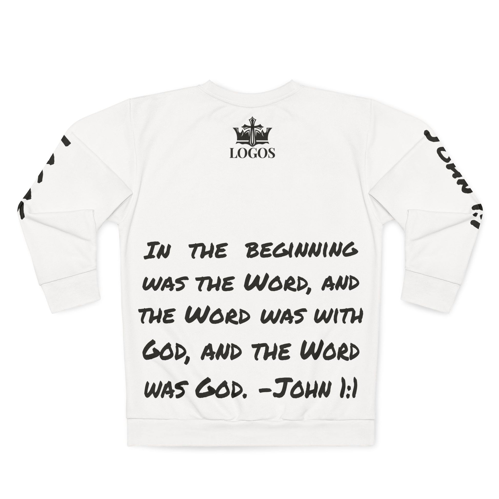 White Christian men's sweatshirt - John 1:1 featuring a bold scripture print on the back