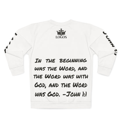 White Christian men's sweatshirt - John 1:1 featuring a bold scripture print on the back