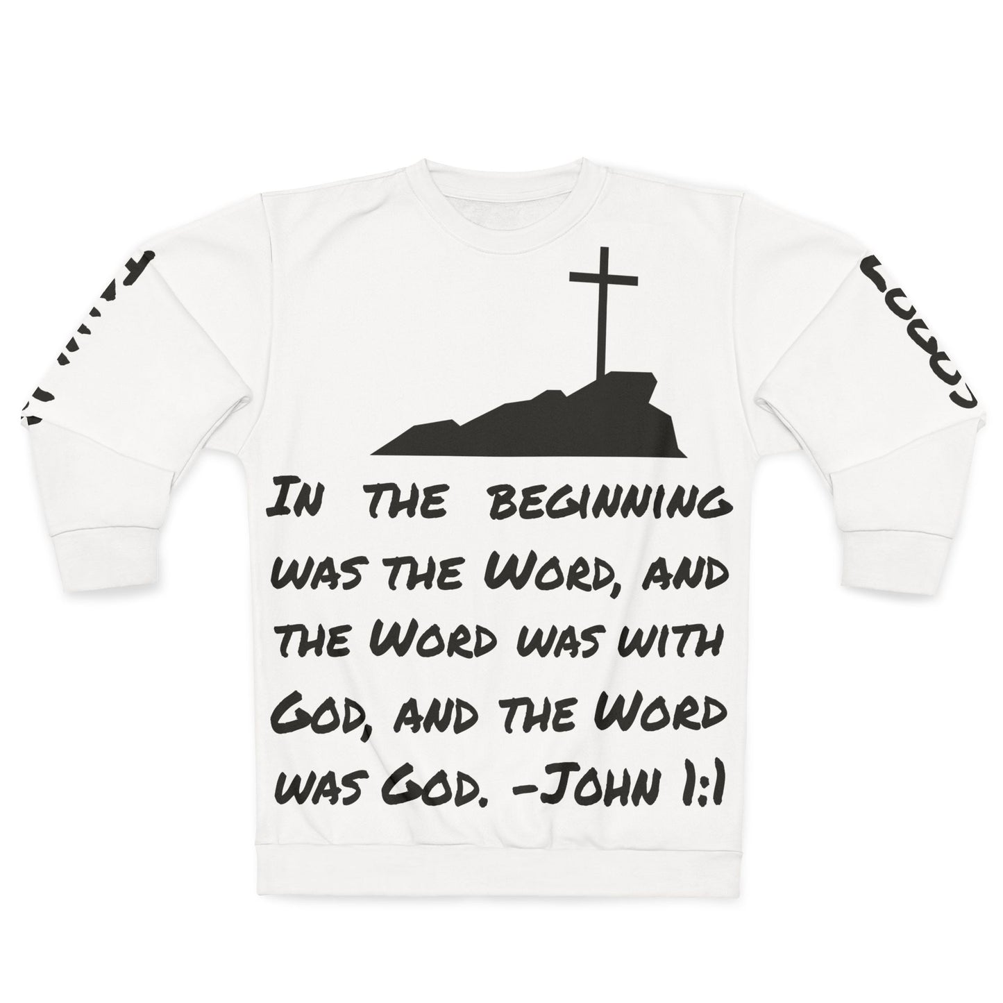 Christian men's sweatshirt - John 1:1 with cross design and scripture print in bold lettering