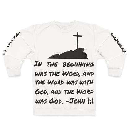 Christian men's sweatshirt - John 1:1 with cross design and scripture print in bold lettering