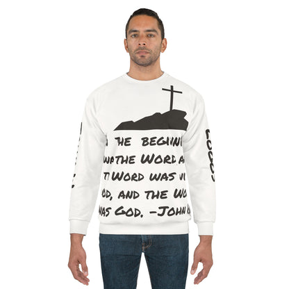 Christian men's sweatshirt - John 1:1 featuring a cross and biblical text on a white background