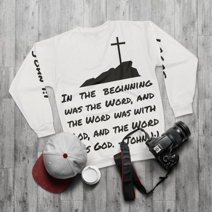 Christian men's sweatshirt - John 1:1 featuring a cross design and impactful scripture print