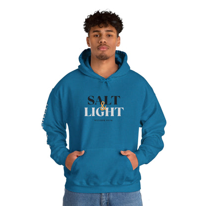 Blue Christian scripture hoodie with Salt and Light design and Bible verse Matthew 5 13 16