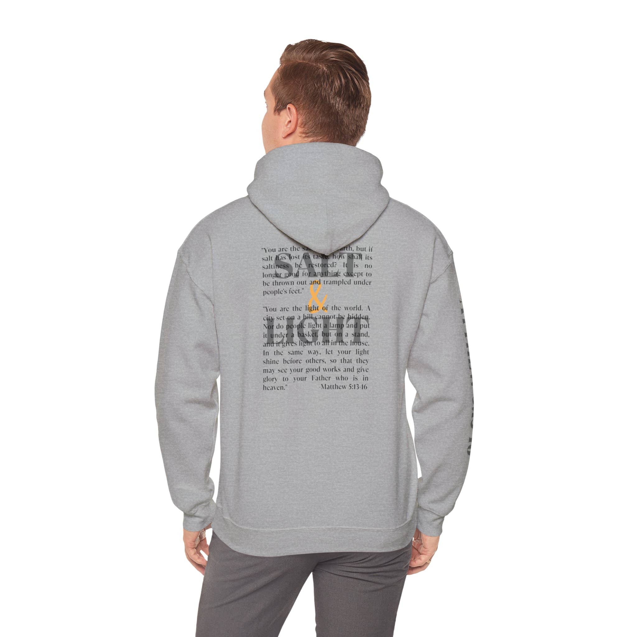 Gray Christian scripture hoodie with Salt & Light design on back by Logos Co.