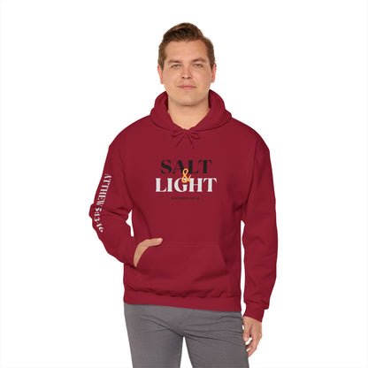 Cardinal red Christian scripture hoodie with Salt and Light text and Matthew 5:13-16 verse on sleeve