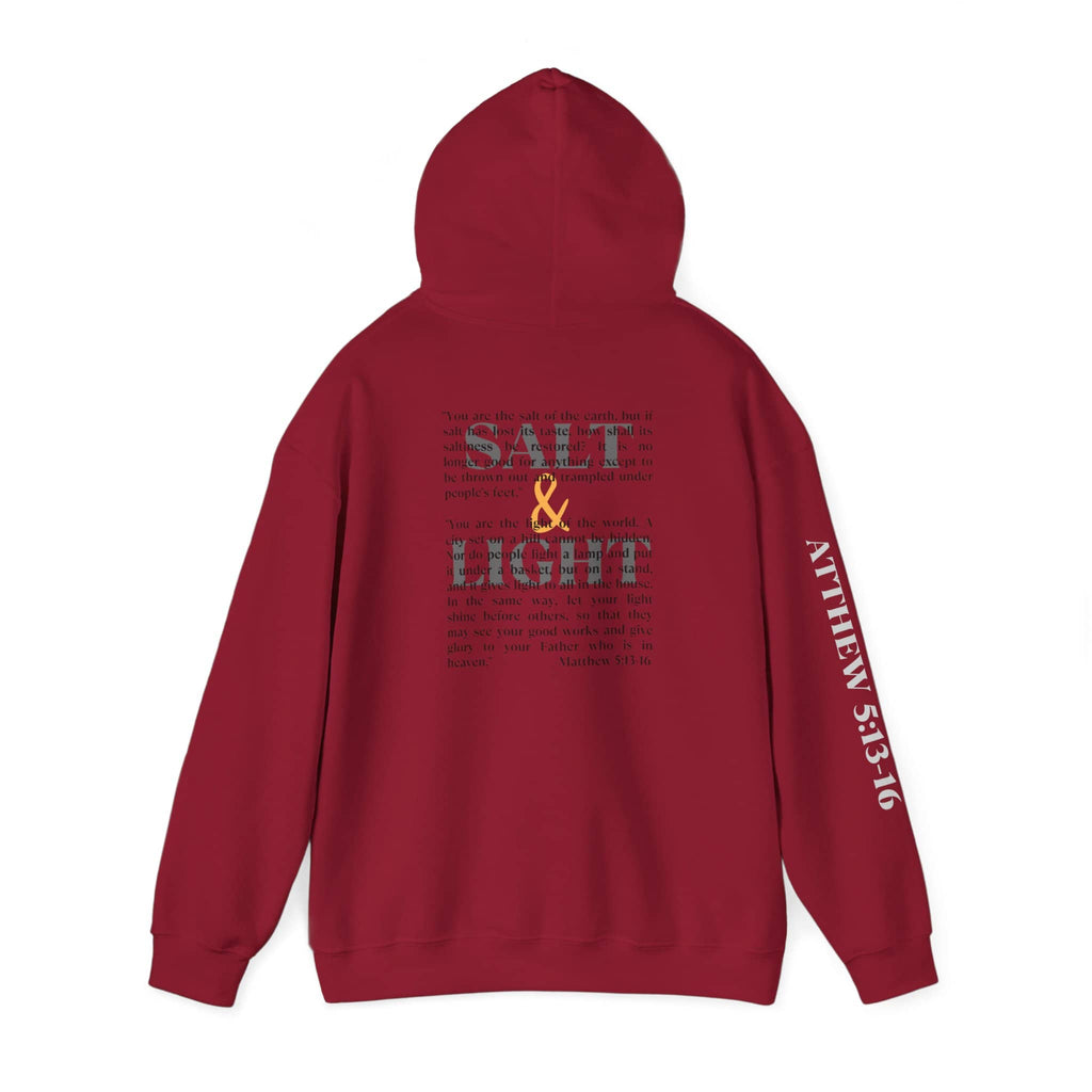 Maroon Salt and Light Men's hoodie featuring a unique Scripture design on the back, front, and sleeves