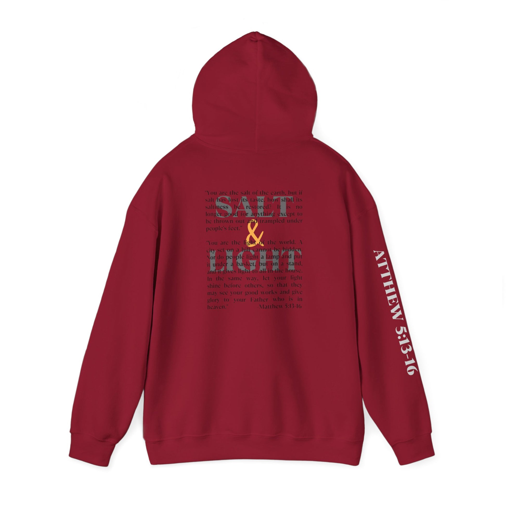 Maroon Salt and Light Men's hoodie featuring a unique Scripture design on the back, front, and sleeves