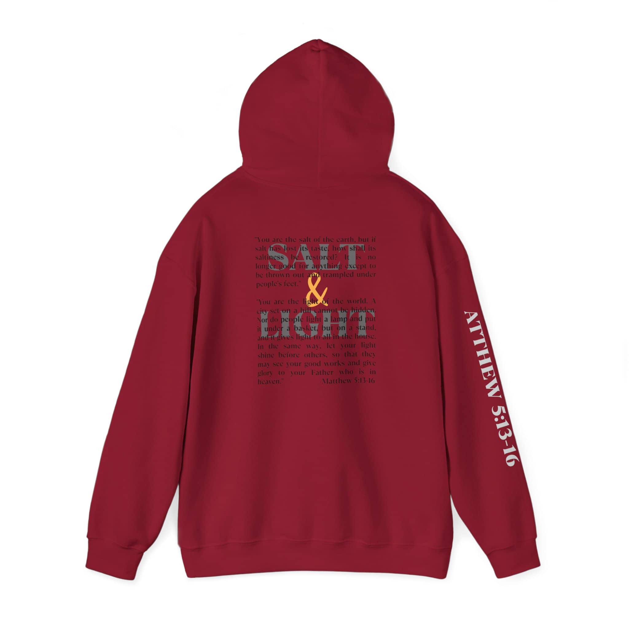 Maroon Salt and Light Men's hoodie featuring a unique Scripture design on the back, front, and sleeves
