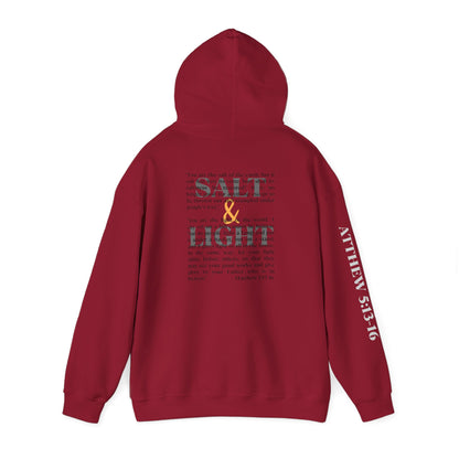 Maroon Salt and Light Men's hoodie featuring a unique Scripture design on the back, front, and sleeves
