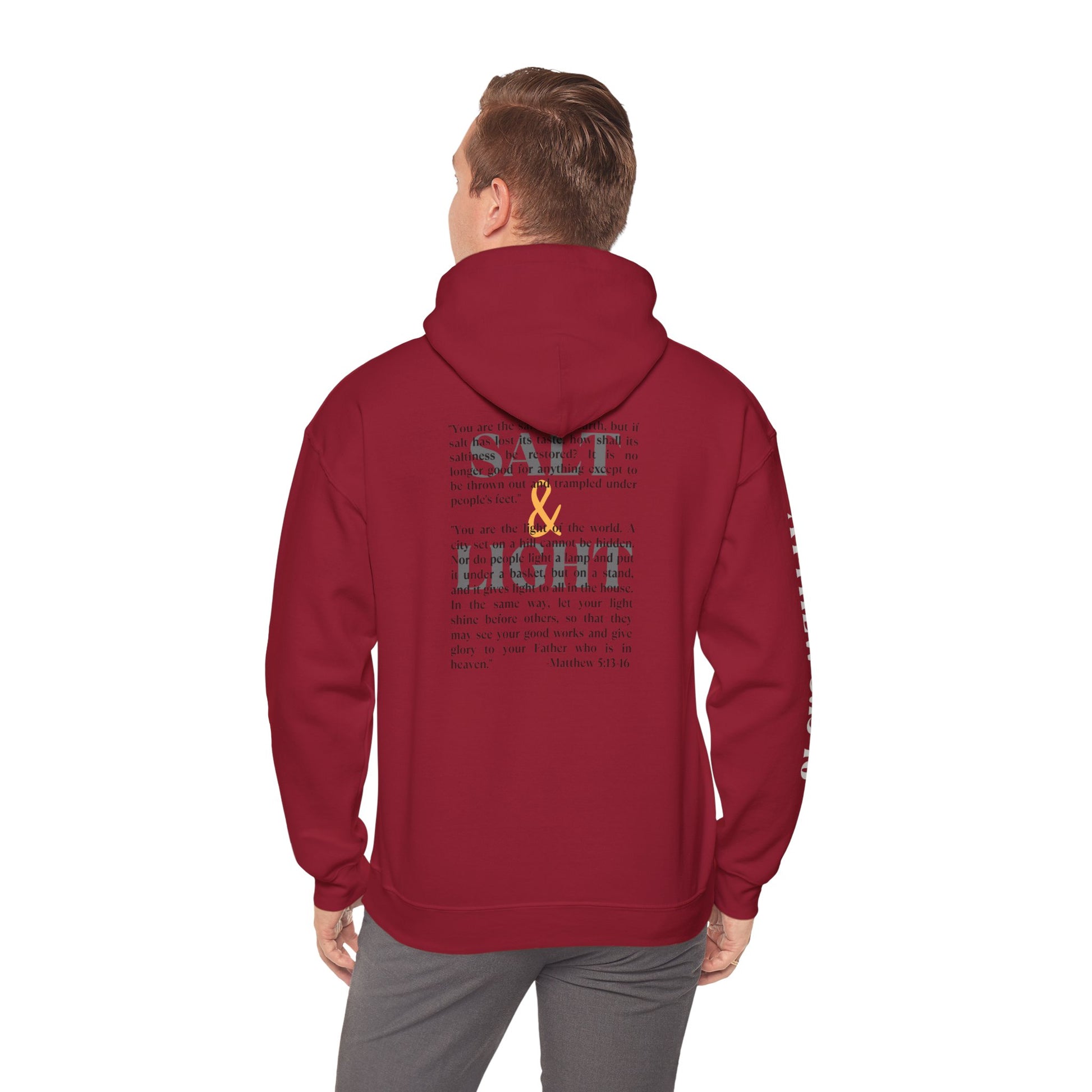 Maroon Christian scripture hoodie with Salt and Light text design on the back by Logos Co.