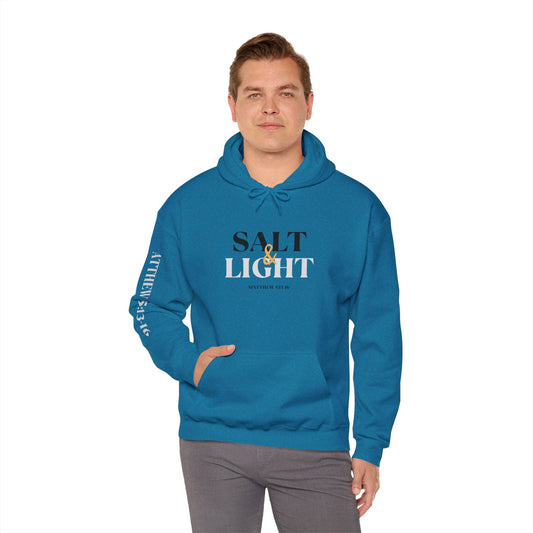 Logos Co. teal Christian scripture hoodie with Salt and Light text and Bible verse on sleeve