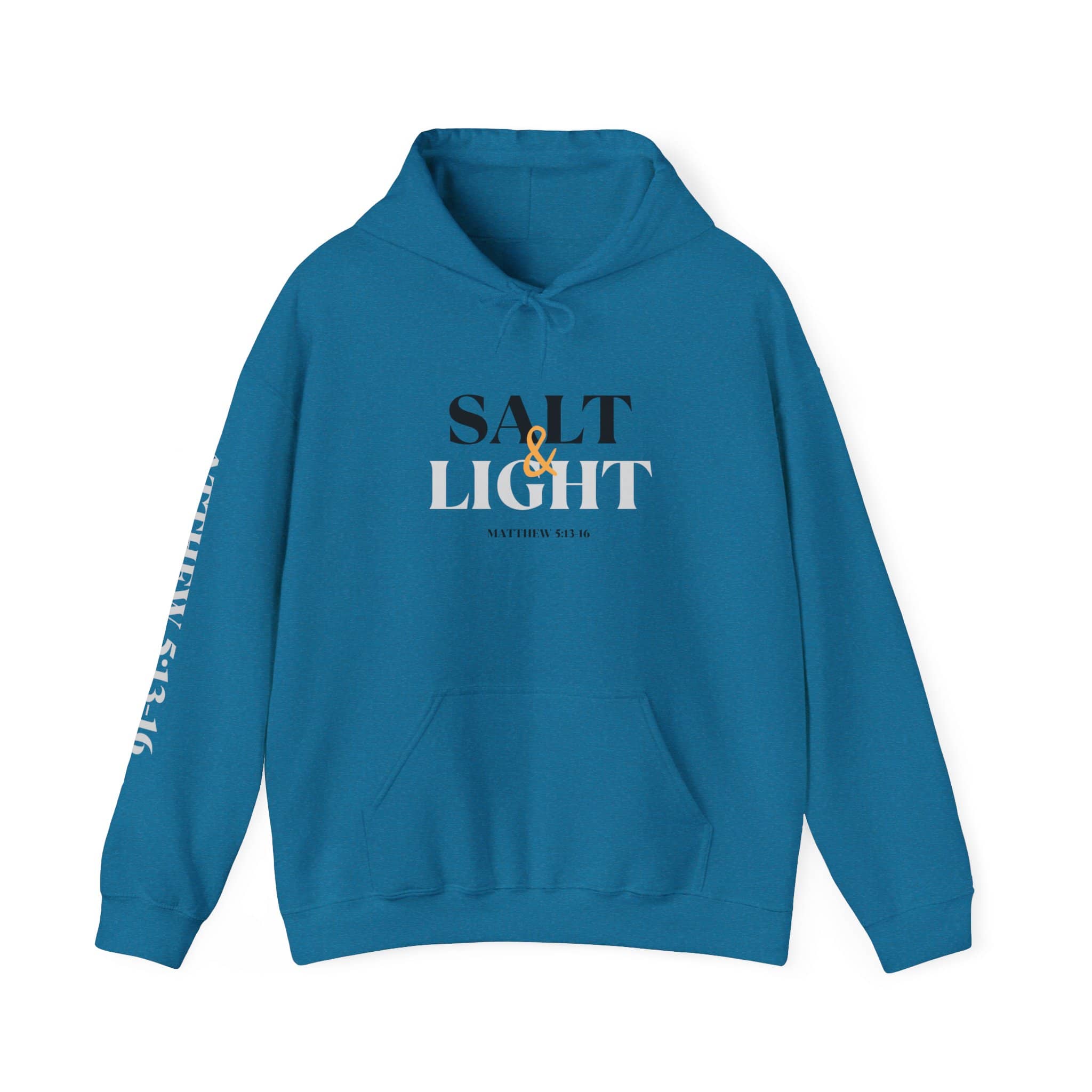 Men's Turquoise Salt and Light hooded sweatshirt with a unique front, back, and sleeve design