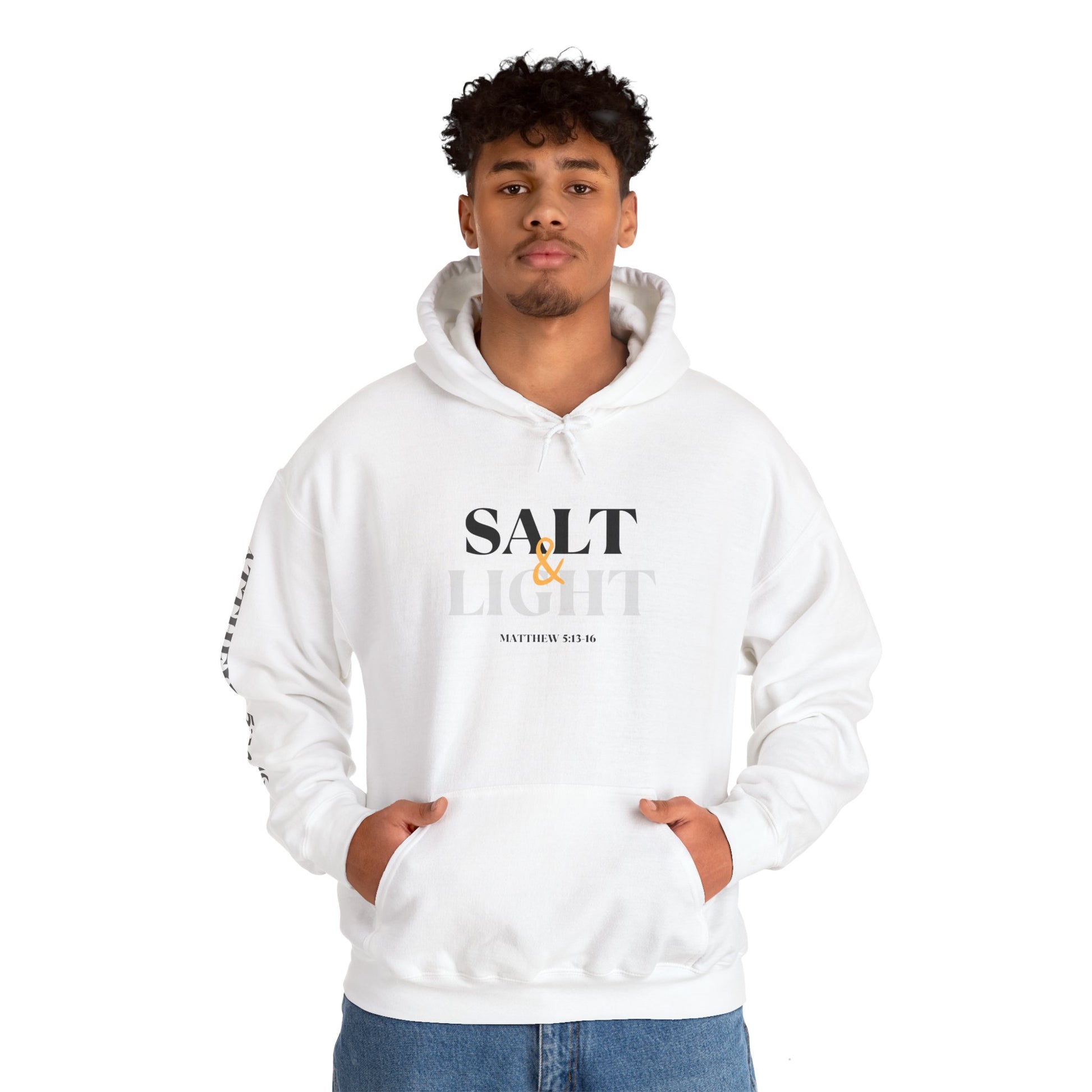 White Salt and Light hoodie featuring an bold front, back, and sleeve design