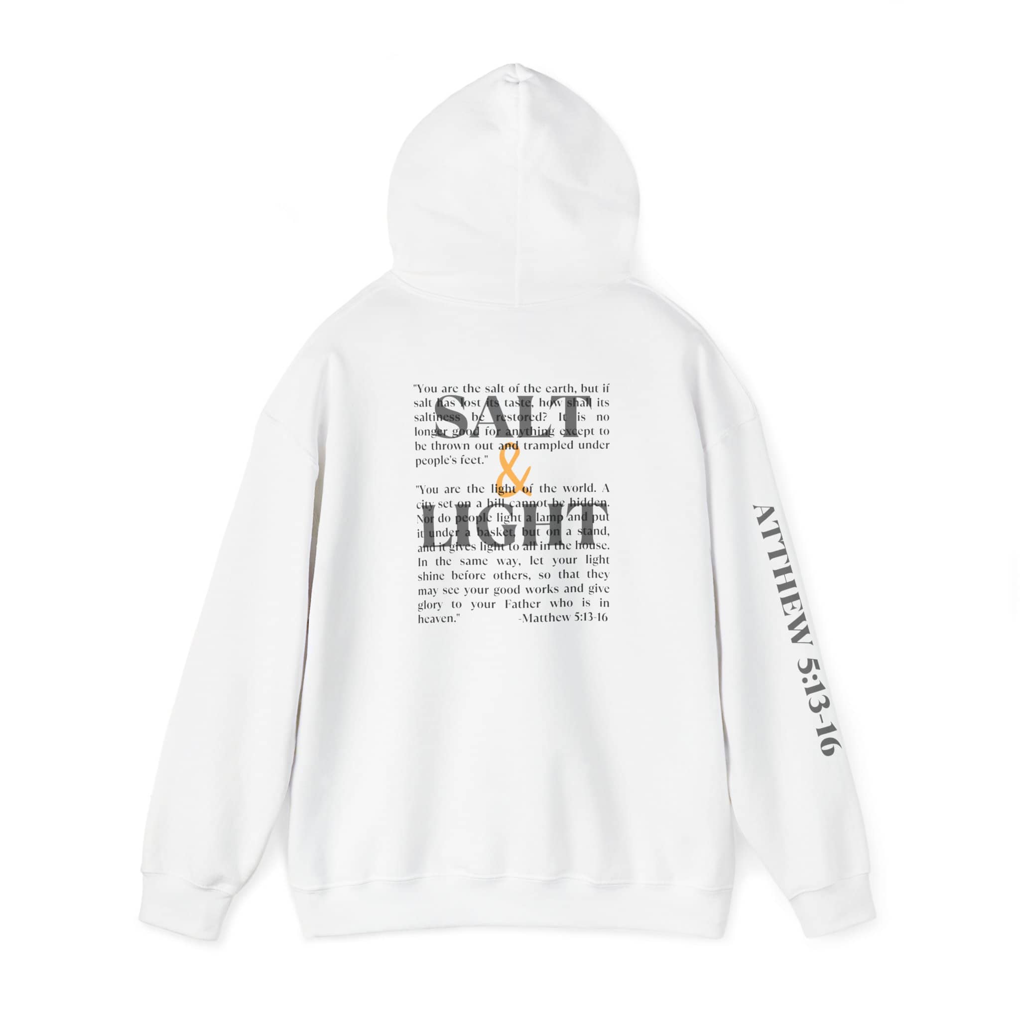 White Salt & Light hoodie with a bold graphic Scripture design on the front, back, and sleeve