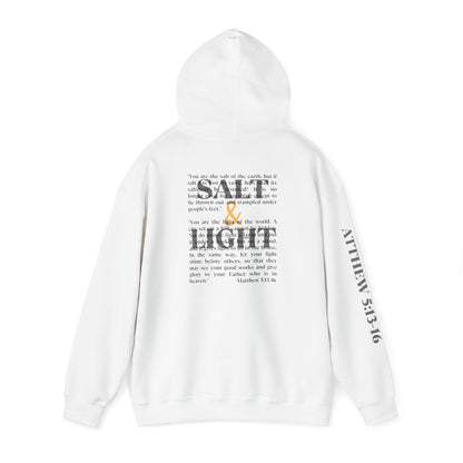 White Salt & Light hoodie with a bold graphic Scripture design on the front, back, and sleeve
