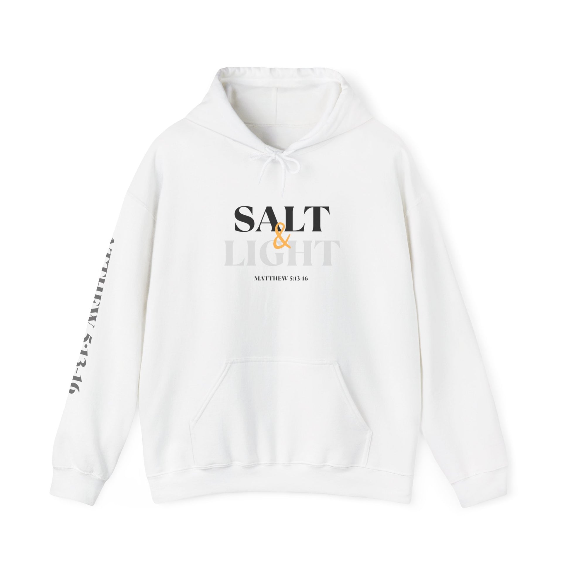 White Salt & Light hoodie with inspirational Scripture designs on the front, back, and sleeve