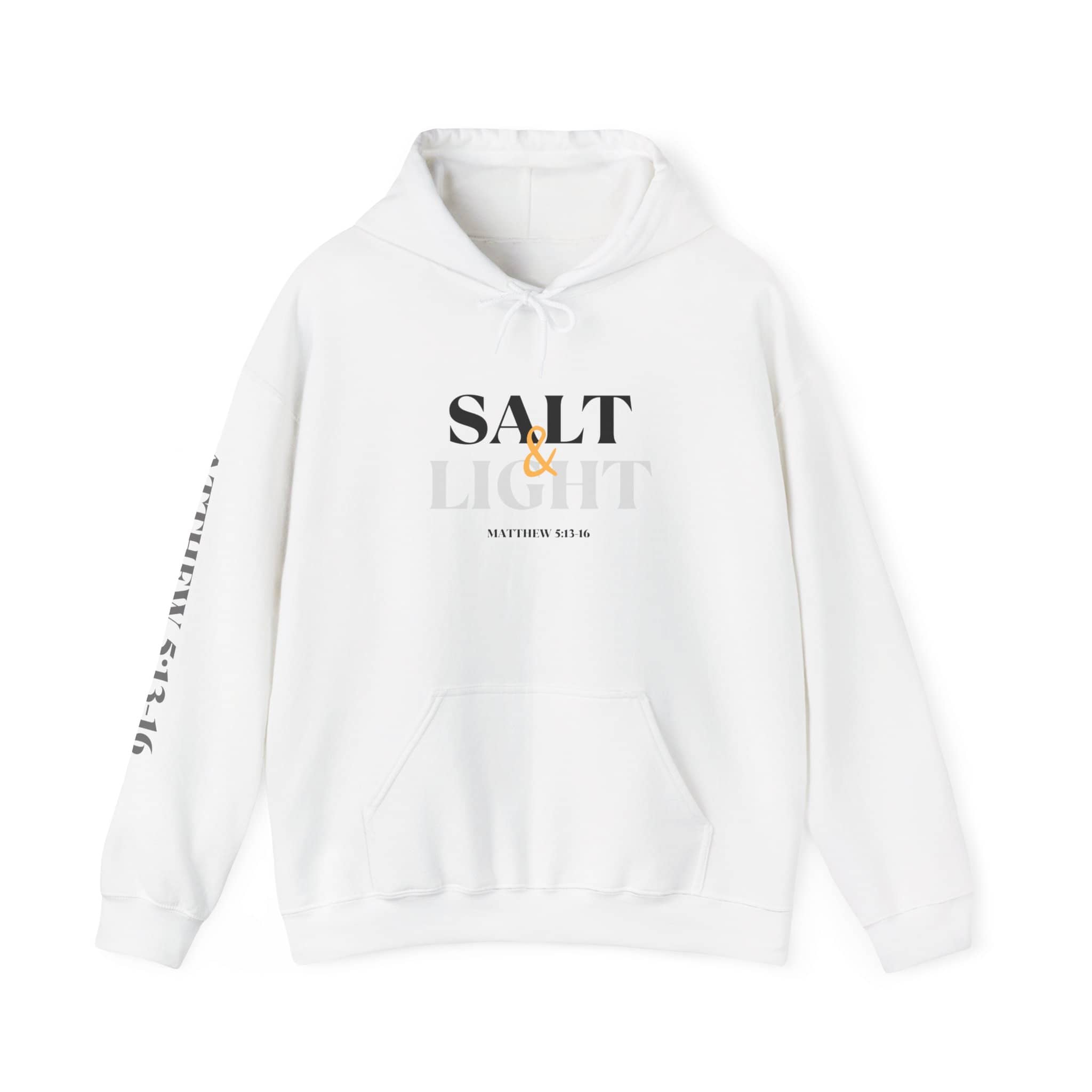 White Salt & Light hoodie with inspirational Scripture designs on the front, back, and sleeve