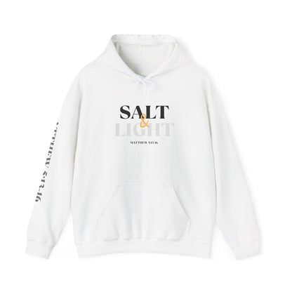 White Salt & Light hoodie with inspirational Scripture designs on the front, back, and sleeve