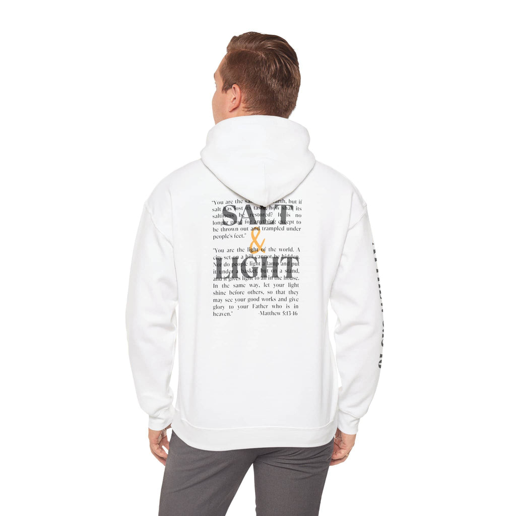 White Christian scripture hoodie from Logos Co. with SALT  & LIGHT text and Bible verse on back