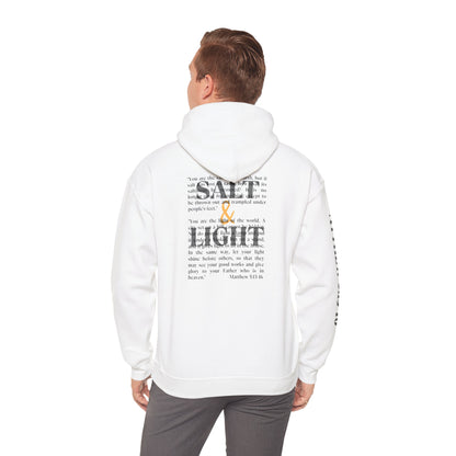 White Christian scripture hoodie from Logos Co. with SALT  & LIGHT text and Bible verse on back
