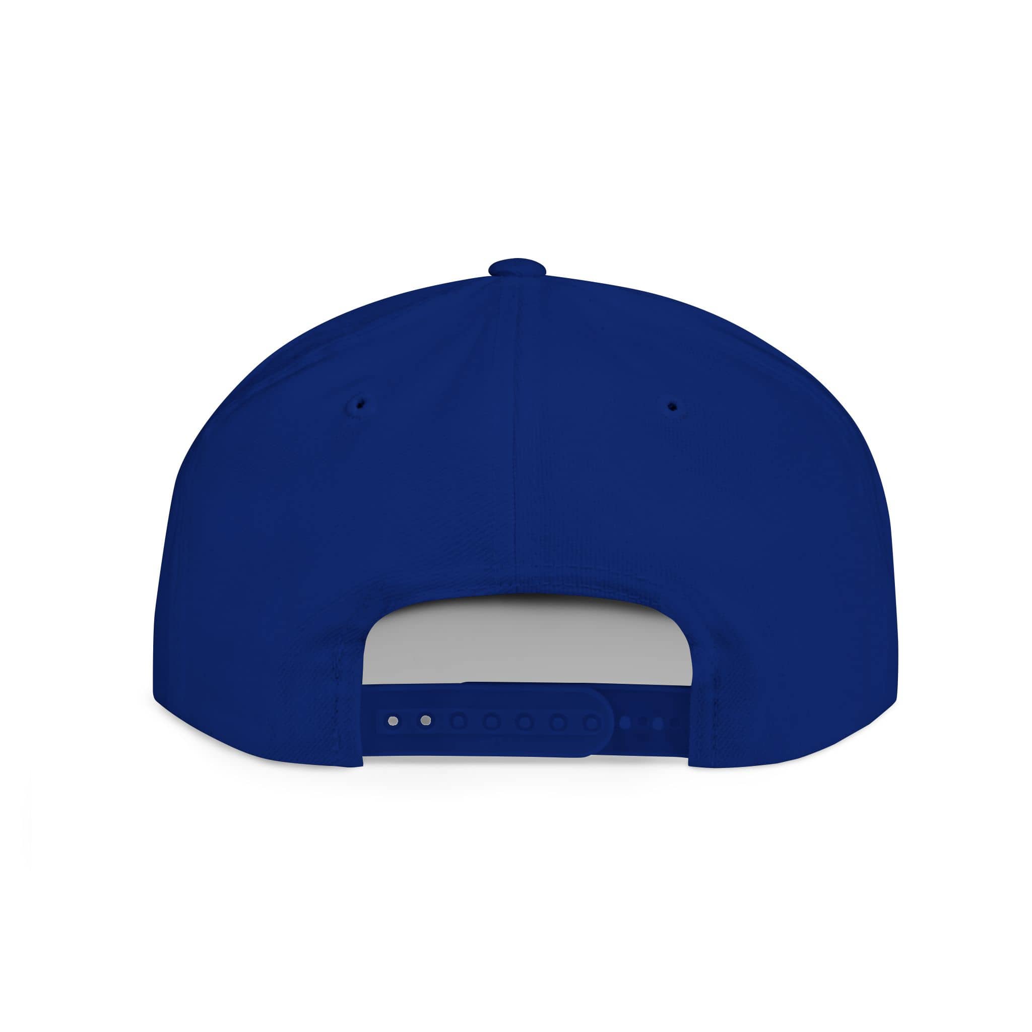 Back view of a blue Christian snapback hat featuring an adjustable strap for a comfortable fit