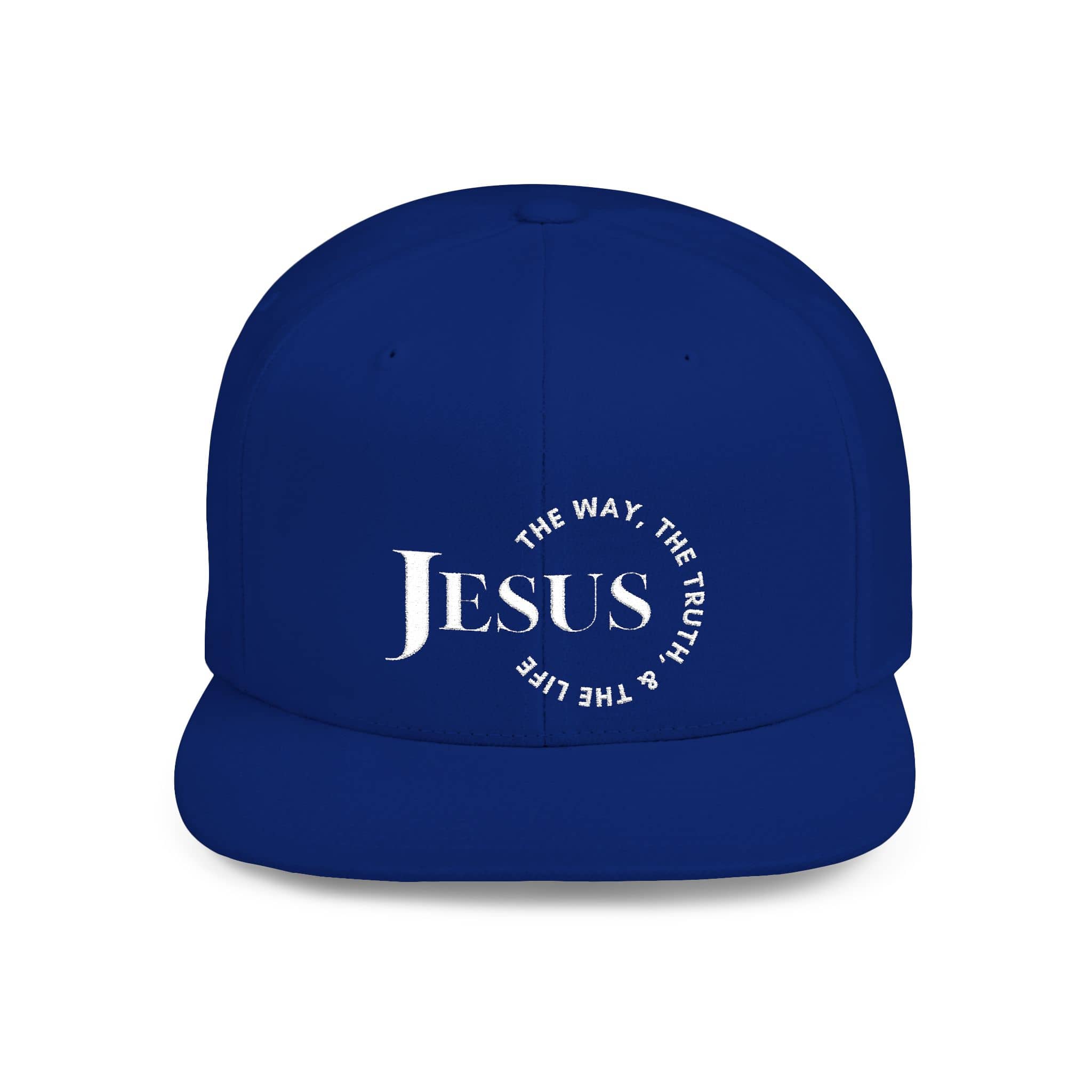 Christian snapback hat in blue featuring the text Jesus and The Way, The Truth, The Life