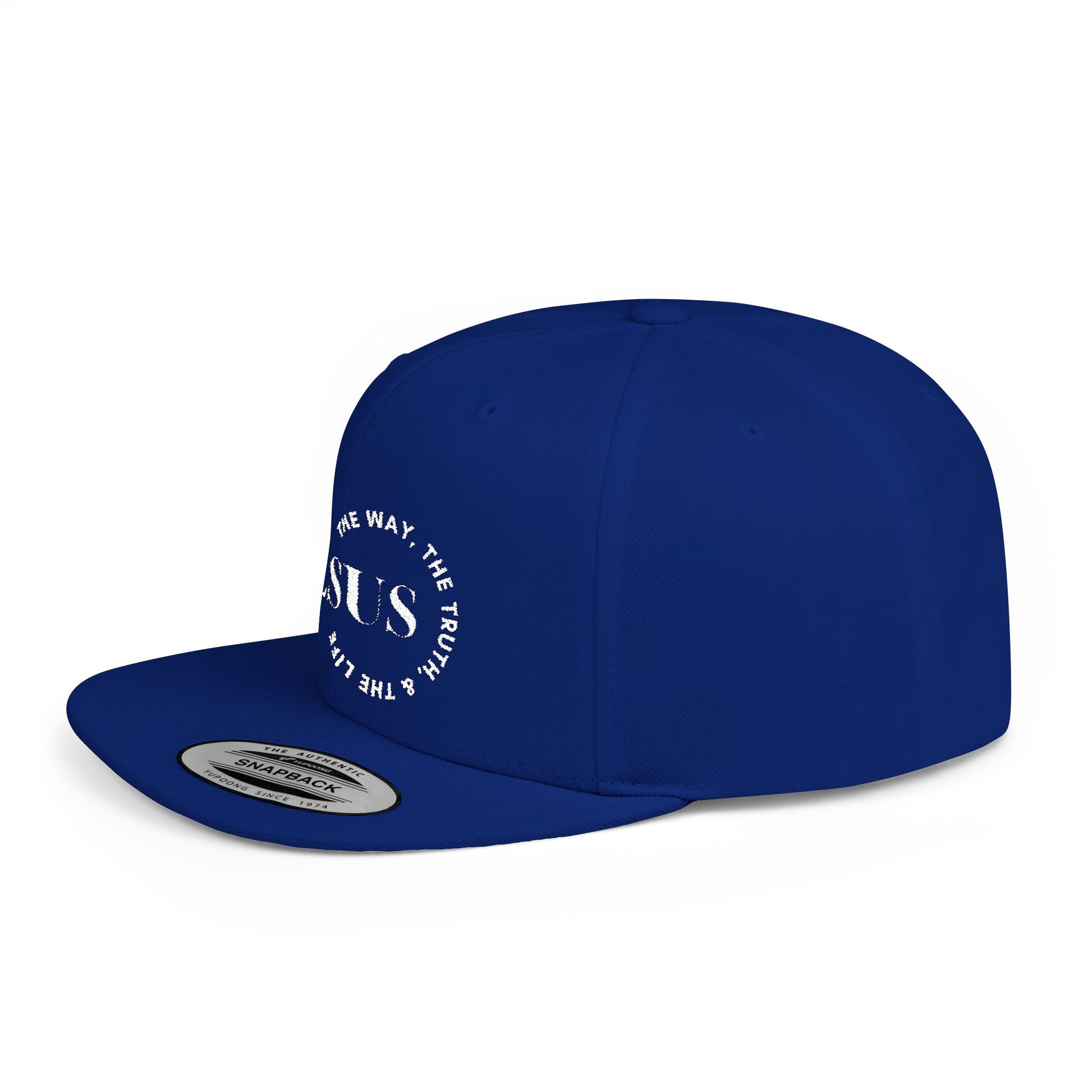 Blue Christian snapback hat featuring the text Jesus on the front for a stylish statement