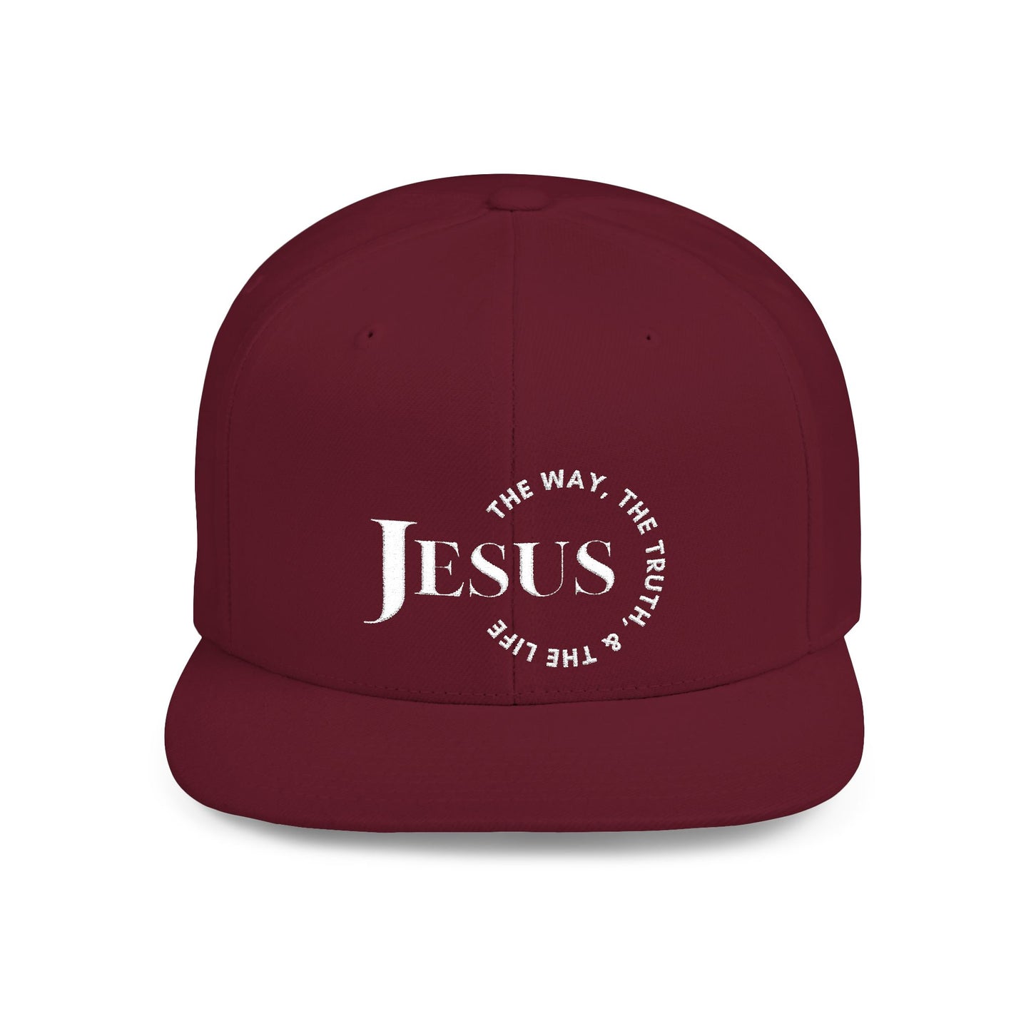 Maroon Christian snapback hat featuring 'Jesus The Way The Truth The Life' design