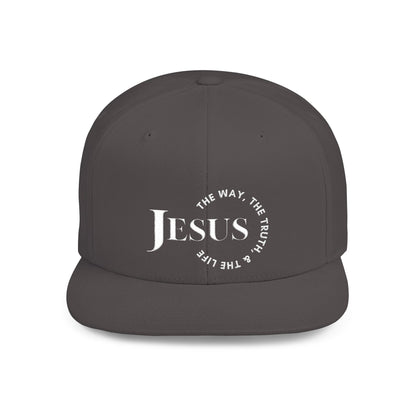 Christian snapback hat in gray featuring the text JESUS and inspirational message design