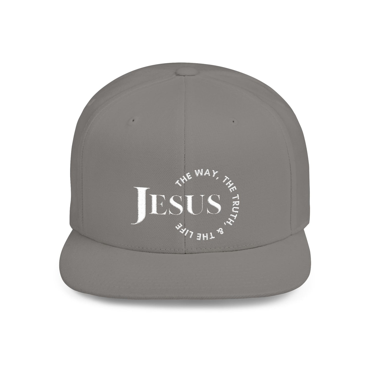 Gray Christian snapback hat featuring 'Jesus' and inspirational text for faith enthusiasts