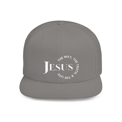 Gray Christian snapback hat featuring 'Jesus' and inspirational text for faith enthusiasts