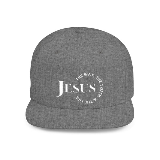 Gray Christian snapback hat featuring 'Jesus' and the phrase 'The Way, The Truth, The Life' in stylish font