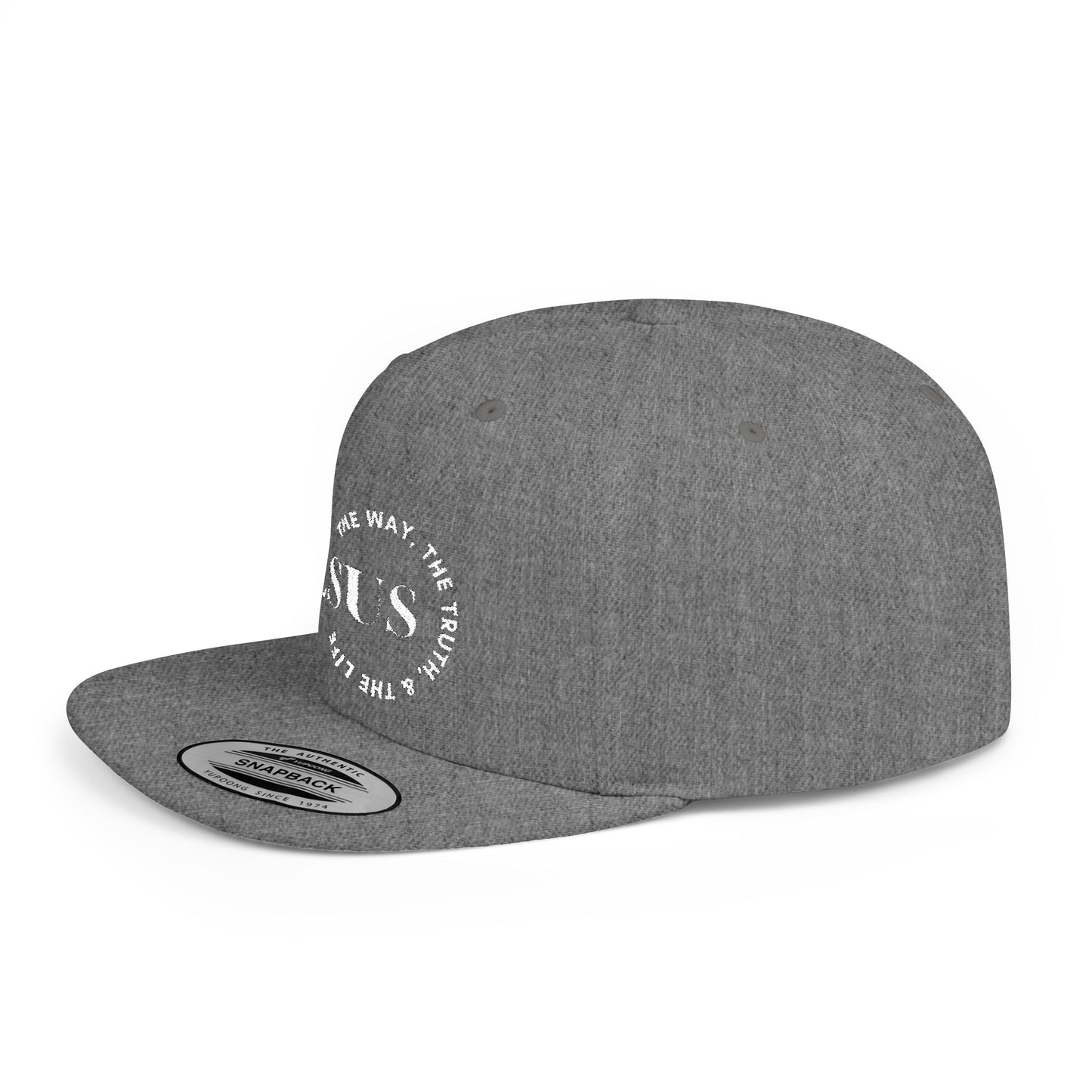 Christian snapback hat in gray with a bold Jesus graphic and motivational text