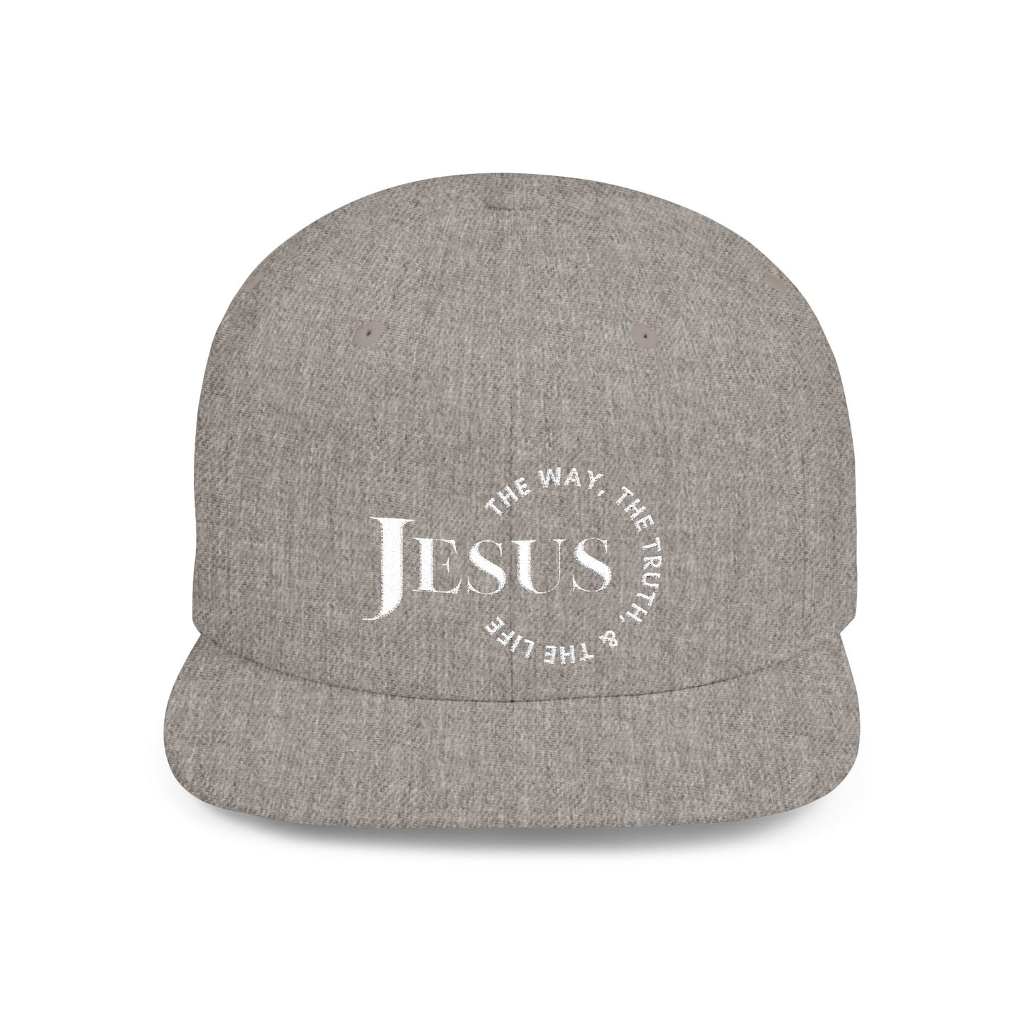Gray Christian snapback hat featuring Jesus and inspirational message on the front