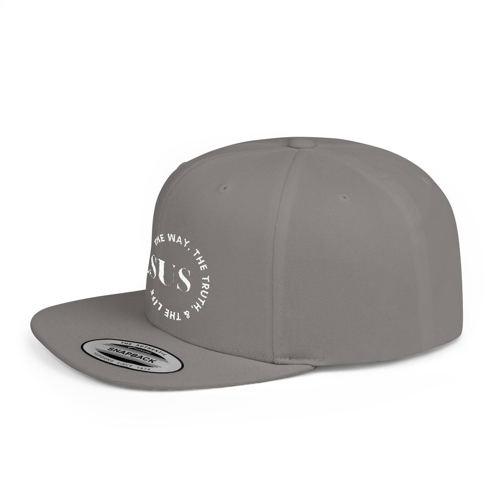 Gray Christian snapback hat featuring inspirational 'Jesus' design for casual wear