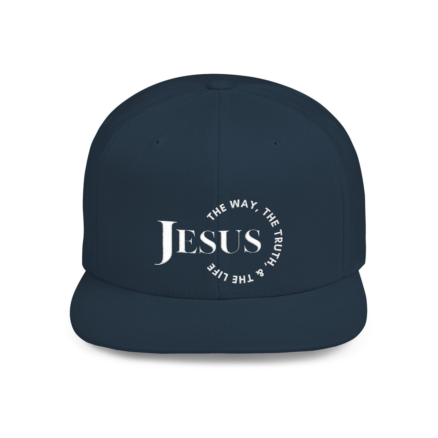 Christian snapback hat in navy featuring 'Jesus The Way The Truth The Life' design