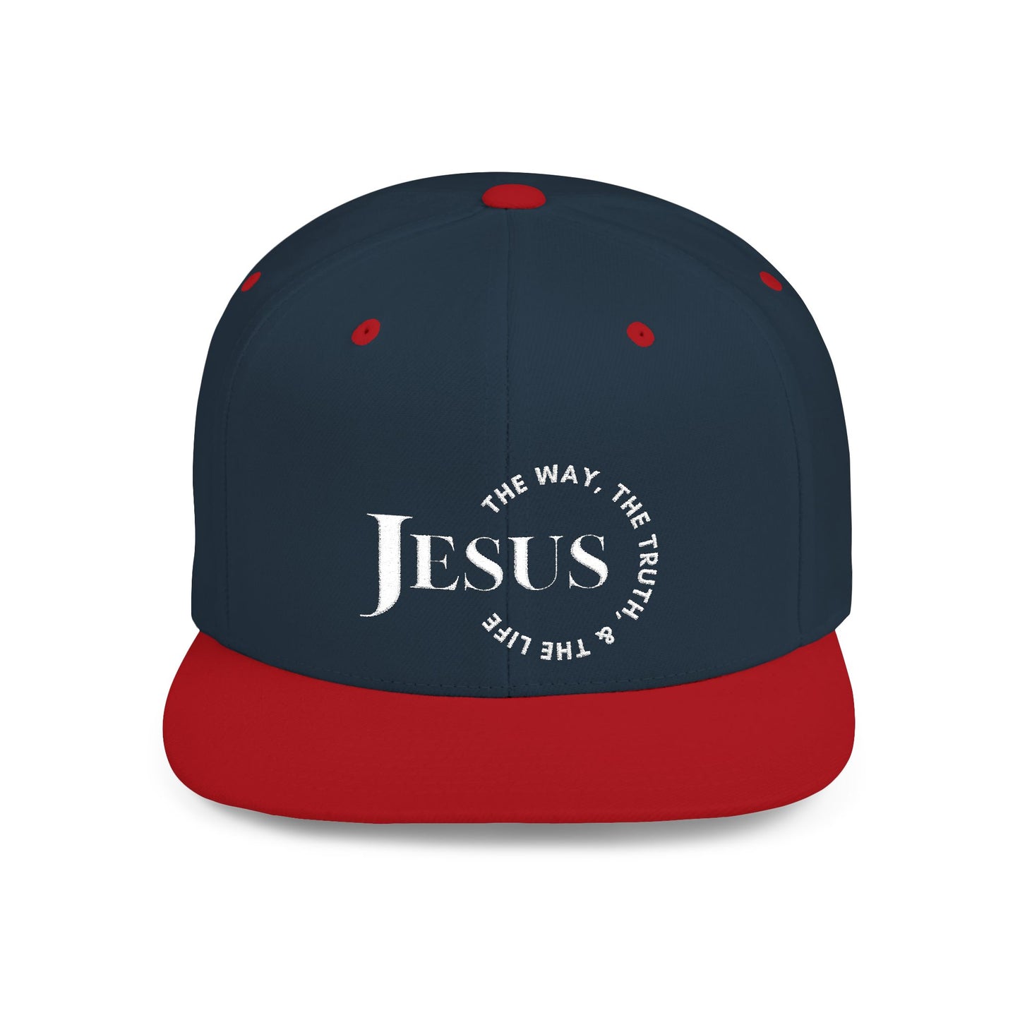 Christian snapback hat in navy and red featuring 'Jesus The Way, The Truth, The Life' design