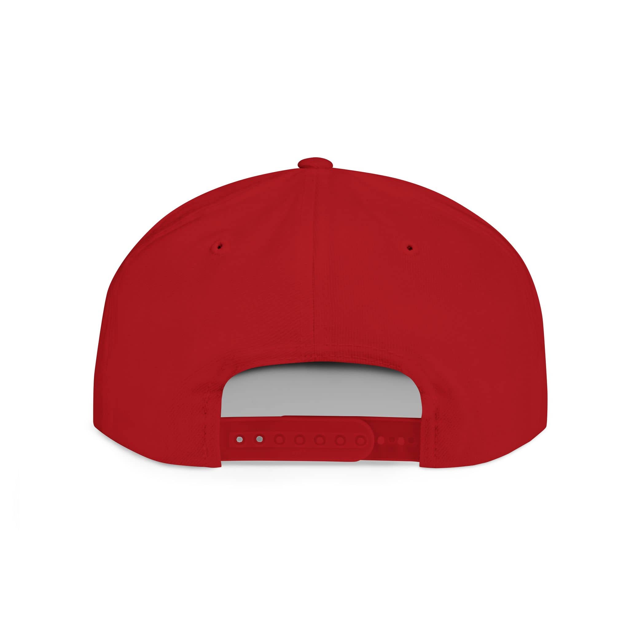 Rear view of a red Christian snapback hat with an adjustable strap for a perfect fit