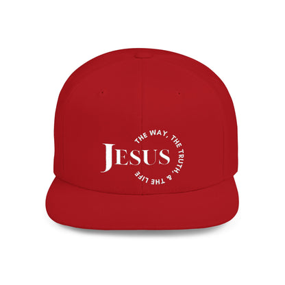 Red Christian snapback hat with bold 'Jesus' text and inspirational message