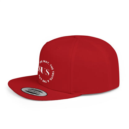 Red Christian snapback hat featuring the quote Jesus is the Way the Truth and the Life